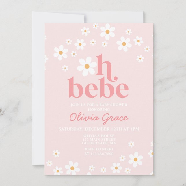 Invitation Oh Bebe Daisy Baby shower rétro rose (Devant)