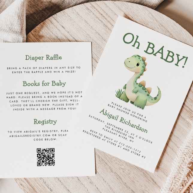 Invitation Oh Bébé Dinosaur Vert Mignon Code QR Baby Shower (Créateur téléchargé)