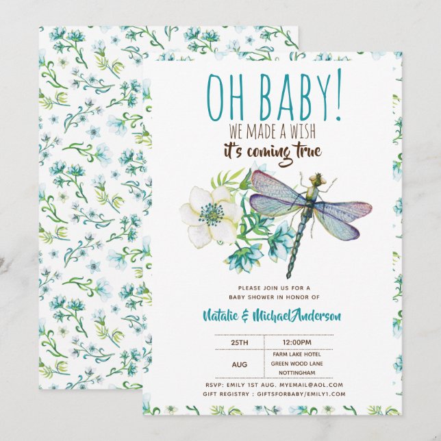 Invitation Oh Bébé DRAGONFLY Faire un Baby shower de souhait  (Devant / Derrière)