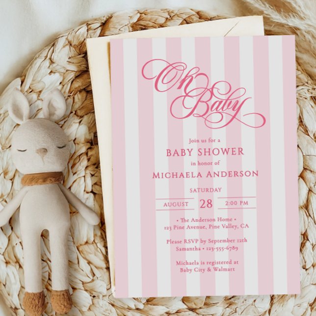Invitation Oh Bébé Écriture Élégante et Rayures Baby Shower (Créateur téléchargé)