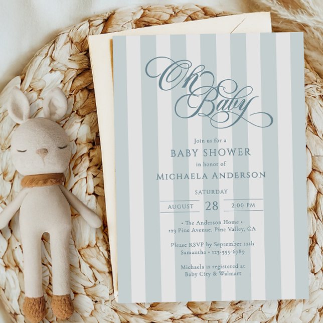 Invitation Oh Bébé Écriture Élégante et Rayures Baby Shower (Créateur téléchargé)