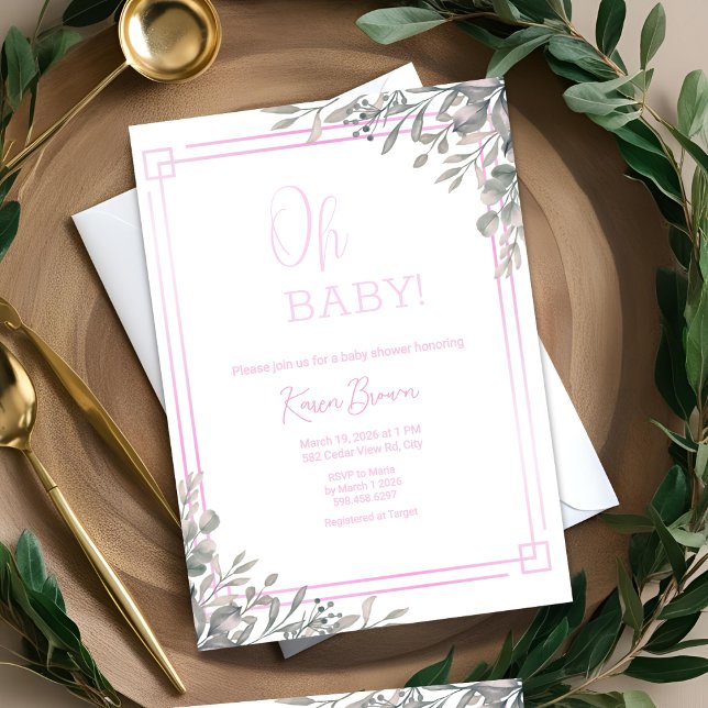 Invitation Oh bébé Elegant Verdure et Baby shower rose (Créateur téléchargé)