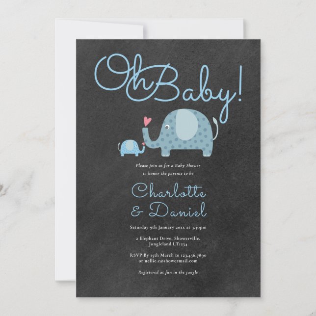 Invitation Oh Bébé Éléphants Mignons Baby Shower Couple (Devant)