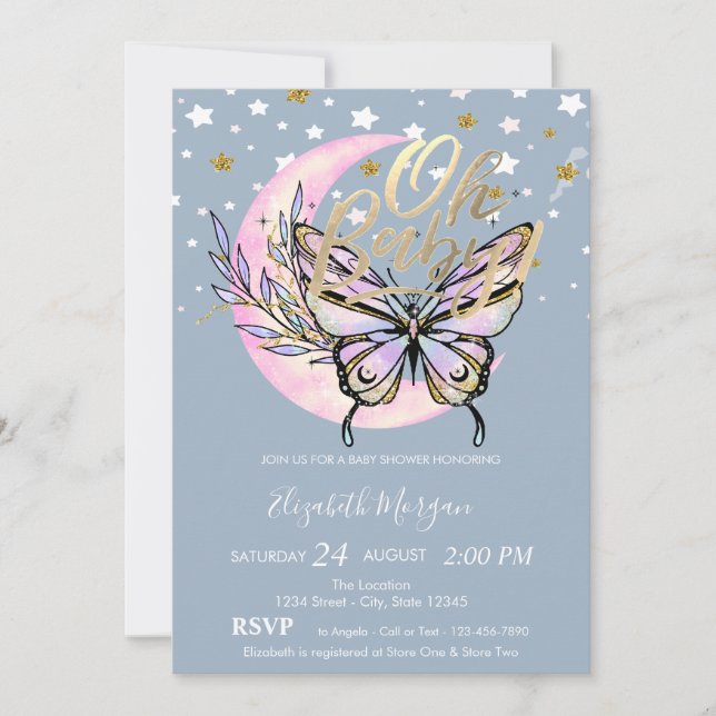 Invitation Oh Bébé Etoiles Lune Papillon Fête Bébé Bleue (Devant)