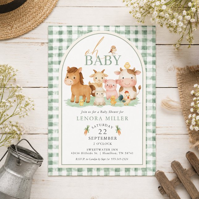 Invitation Oh Bébé ! Fête de bébé animaux de la ferme à carre (Oh Baby! Green Gingham Farm Animal Baby Shower Invitation)