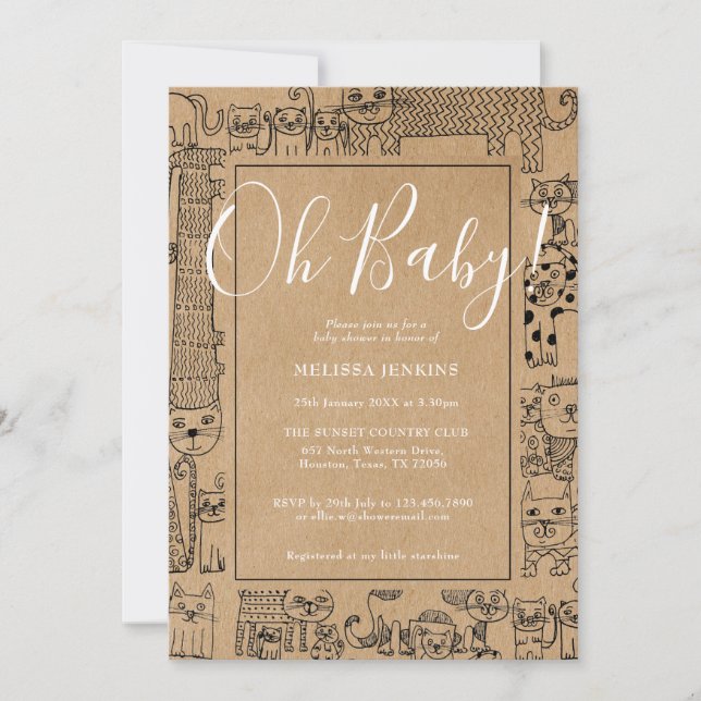 Invitation Oh Bébé Fête de Bébé Chats Rustiques (Devant)