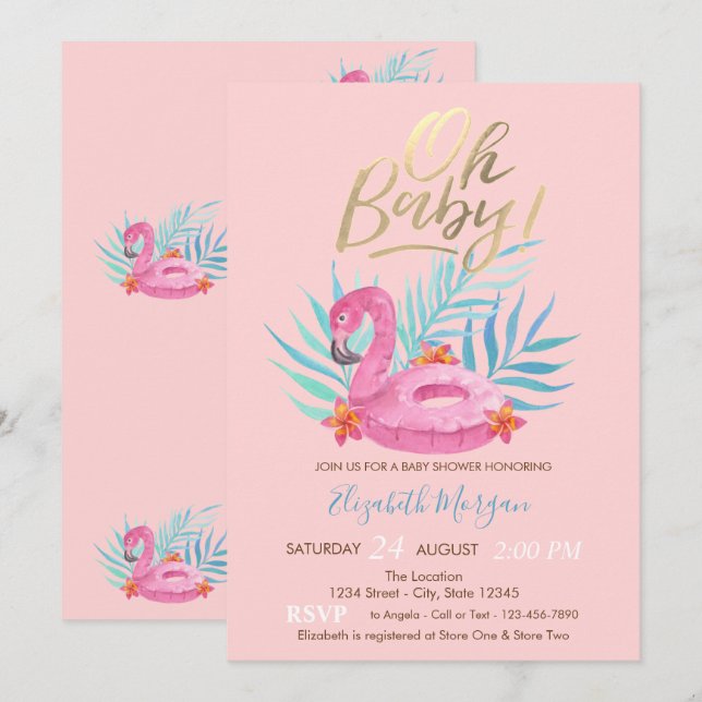 Invitation Oh Bébé Fête de Bébé Flamant Rose  (Devant / Derrière)