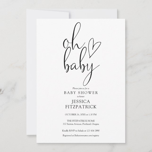 Invitation Oh Bébé Fête de Bébé Noir et Blanc Mixte (Devant)