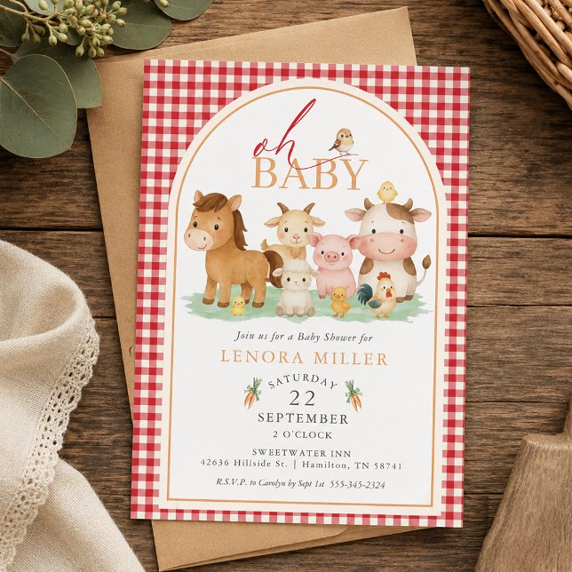 Invitation Oh Bébé ! Fête de naissance d'animaux de ferme à c (Oh Baby! Red Gingham Farm Animal Baby Shower Invitation)