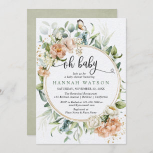Invitation Oh bébé feuillage floral rose or fille baby shower