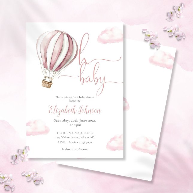Invitation Oh Bébé Fille Rose Montgolfière Baby Shower (Hello Baby Girl Pink Hot Air Balloon Baby Shower Invitation)