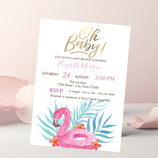 Invitation Oh Bébé Flamant Rose Feuilles de Palmier Hibiscus (Créateur téléchargé)