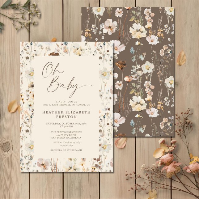 Invitation Oh Bébé Fleur Sauvage Baby Shower Rustique  (Créateur téléchargé)
