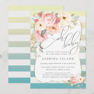 Invitation Oh Bébé Floral Bleu Jaune Ombre Stripes