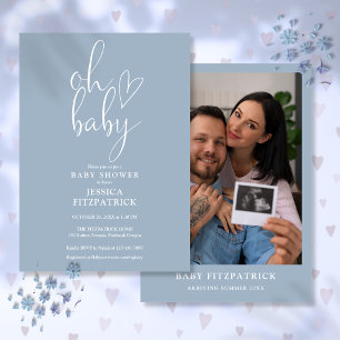 Invitation Oh Bébé Garçon Bleu Poussiéreux Photo Baby Shower