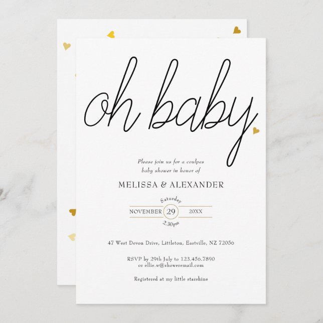 Invitation Oh Bébé Gold Love Baby shower Coeur Couples (Devant / Derrière)