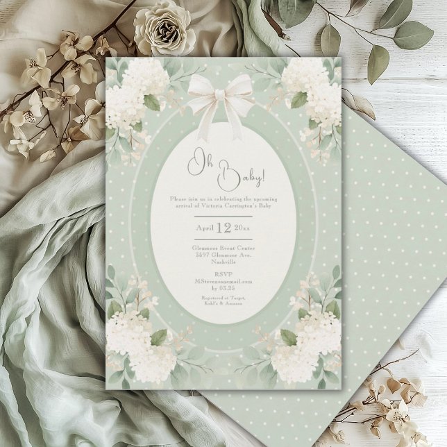Invitation Oh Bébé Hortensia Vert Sauge Baptême de Bébé Vinta (Créateur téléchargé)