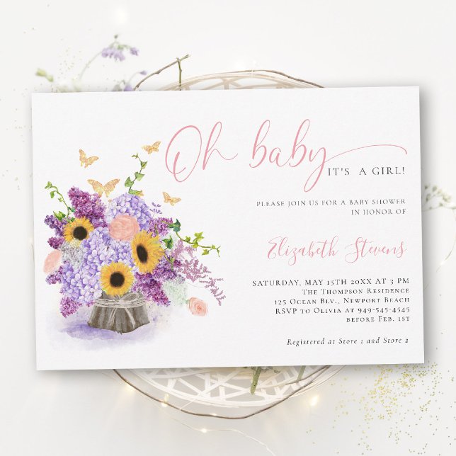 Invitation Oh Bébé Hydrangea Rustique Papillons Baby Shower (girl baby shower invitation rustic sunflower hydrangea lilac butterflies gold elegant sweet)