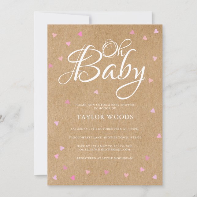Invitation Oh Bébé Jolis Cœurs Roses Baby Shower Rustique Boh (Devant)
