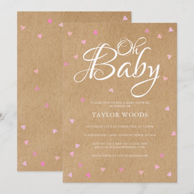 Invitation Oh Bébé Jolis Cœurs Roses Baby Shower Rustique Boh (Devant / Derrière)