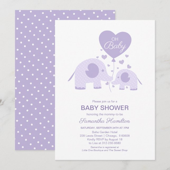 Invitation Oh Bébé Lavande Éléphant Mignon Baby Shower (Devant / Derrière)