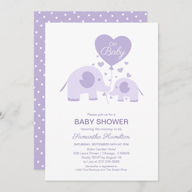 Invitation Oh Bébé Lavande mignonne Baby shower éléphant (Devant / Derrière)