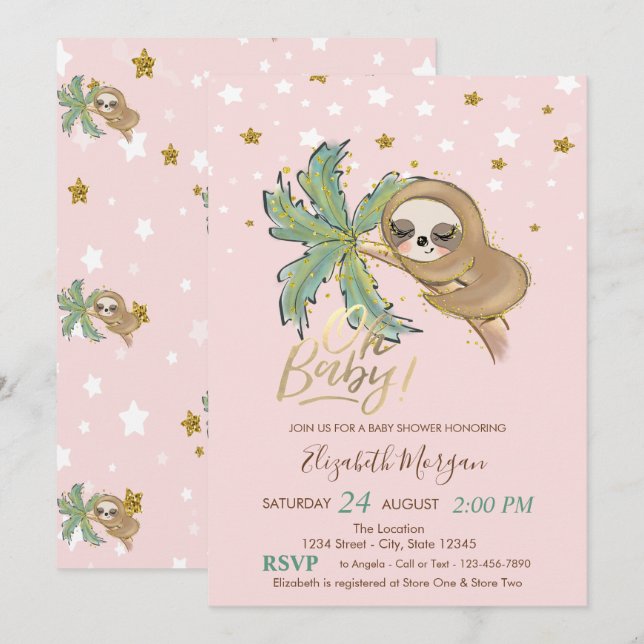 Invitation Oh Bébé mignon couchage Sloth Stars Baby shower (Devant / Derrière)
