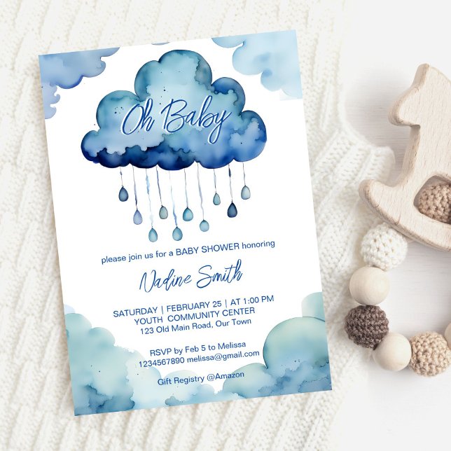 Invitation Oh Bébé modèle de shower nuage bébé (Oh Baby cloud baby shower template invitation digital download cute blue clouds raindrops whimsical)