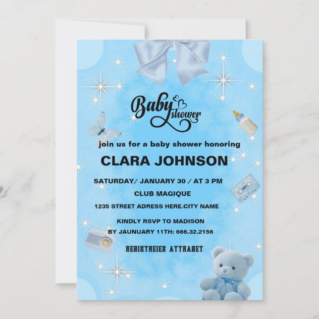 Invitation Oh Bébé Moderne Simple Bleu Poussiéreux Fête de Na (Devant)