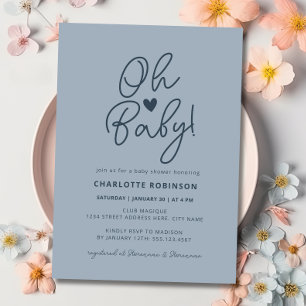 Invitation Oh Bébé Moderne Simple Bleu Poussiéreux Fête Préna