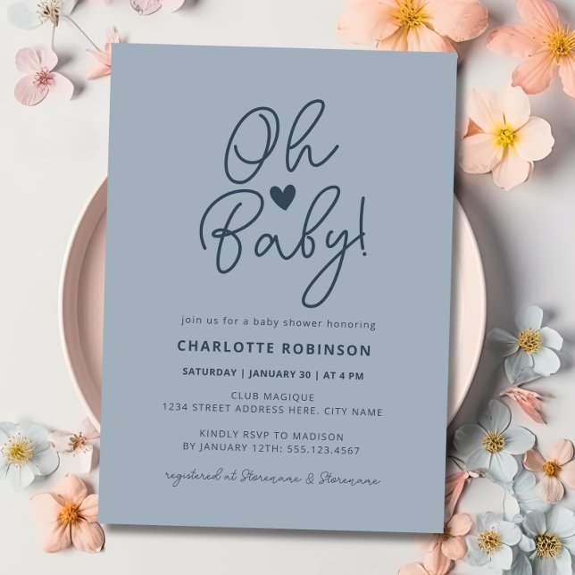 Invitation Oh Bébé Moderne Simple Bleu Poussiéreux Fête Préna (Oh Baby Modern Simple Dusty Blue Boy Baby Shower Invitation)