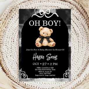 Invitation Oh Bébé Ours en Peluche Noir et Blanc Baby Shower