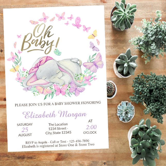 Invitation Oh Bébé Papillons Bébé Éléphant Baby Shower (Créateur téléchargé)