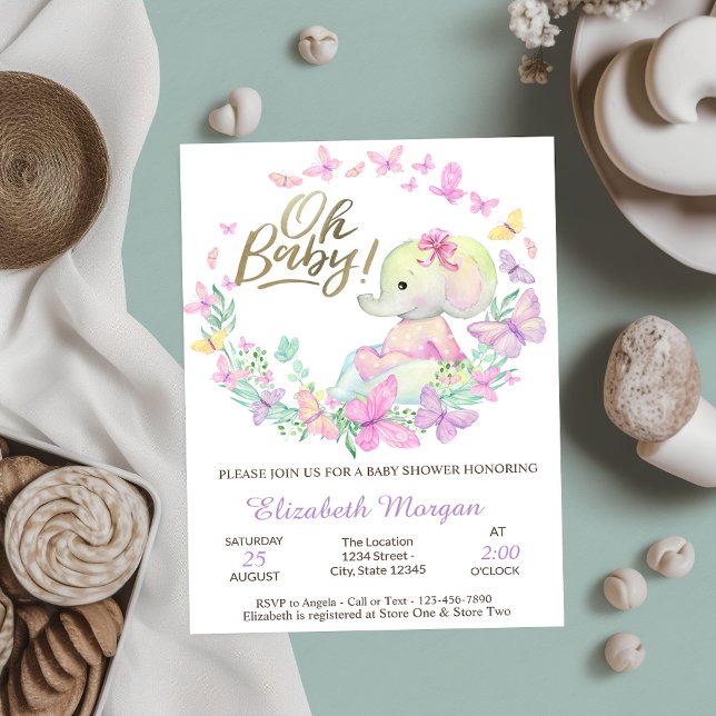 Invitation Oh Bébé Papillons Éléphant Baby Shower   (Créateur téléchargé)