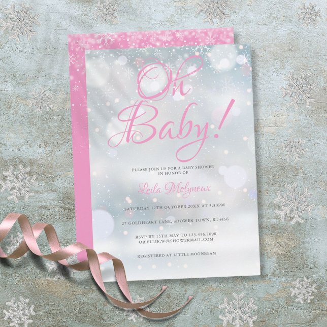 Invitation Oh Bébé Premiers Flocons Rose Baby Shower (Oh Baby First Snowflakes Pink Baby Shower Invitation)