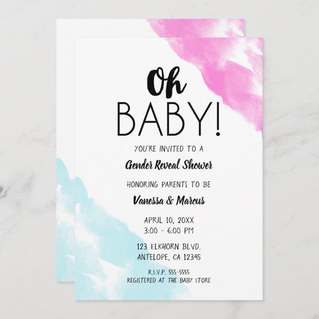 Invitation Oh Bébé Rose Bleu Aquarelle Sexe Révéler Douche (Devant / Derrière)