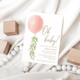 Invitation Oh Bébé rose Fille Balloon Eucalyptus Foliage