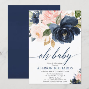 Invitation Oh, bébé rose floral et bleu marine baby shower