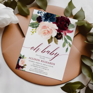 Invitation Oh Bébé rose marsala bleu marine baby shower
