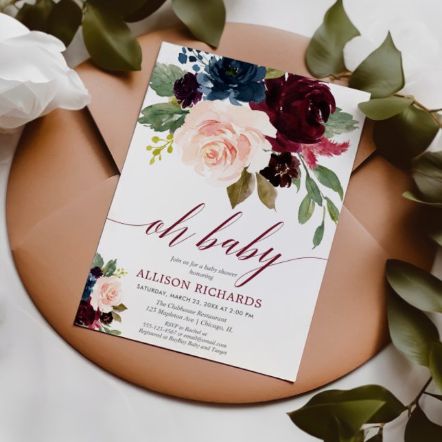 Invitation Oh Bébé rose marsala bleu marine baby shower (Créateur téléchargé)