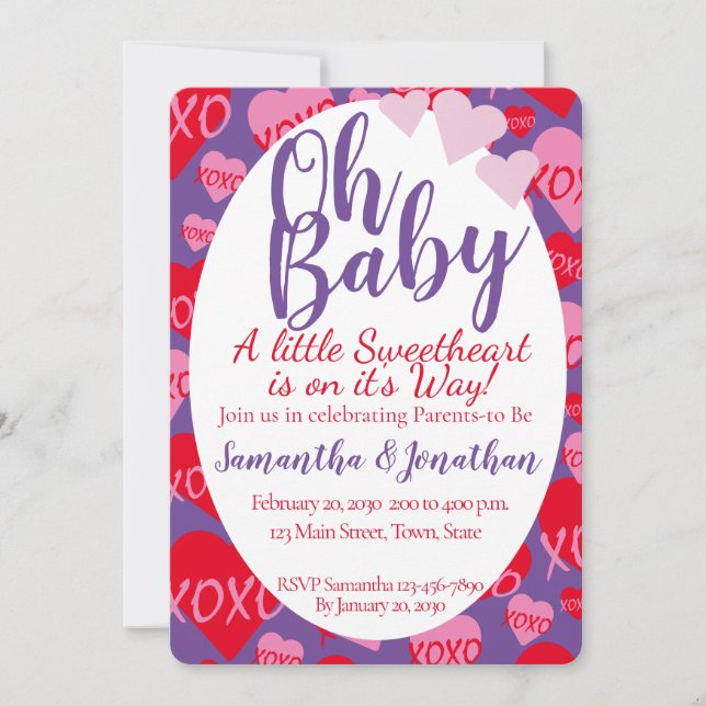 Invitation Oh bébé rose rouge amoureux Baby shower pourpre (Devant)