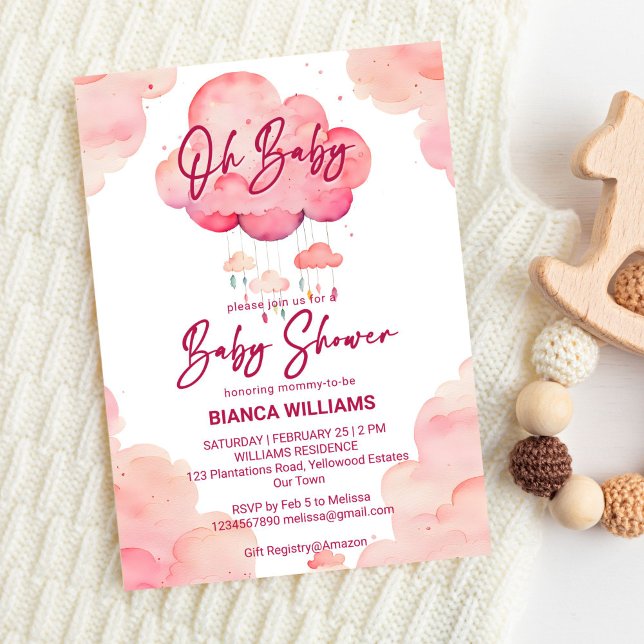 Invitation Oh bébé rose whimsical baby shower de nuage modèle (Oh baby pink whimsical cute cloud girls baby shower invite template digital download modern casual)