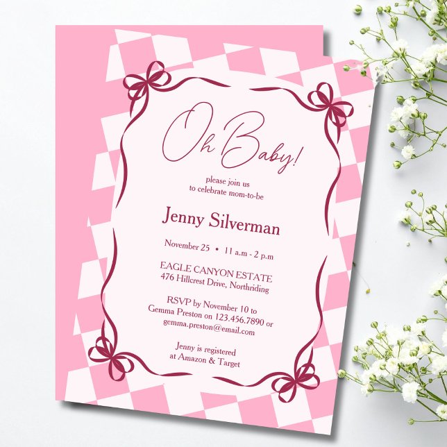 Invitation Oh Bébé Rubans à carreaux roses bébé Shower (Oh Baby Pink Gingham Bows Baby Shower Invitation)