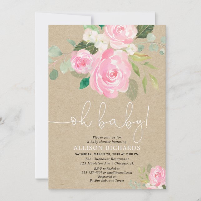 Invitation Oh bébé rustique rousse fille baby shower floral (Devant)