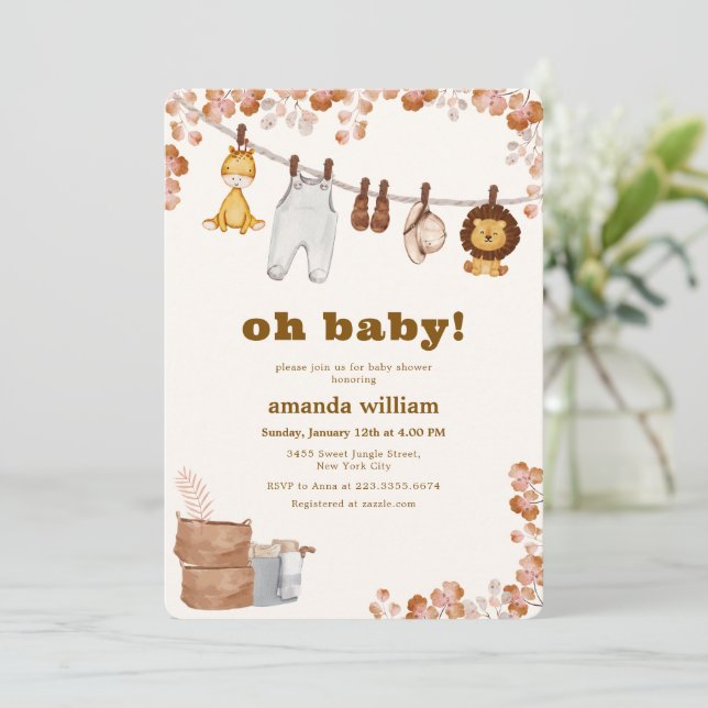 Invitation Oh Bébé Safari Jungle Vêtements Bébé Shower (Debout devant)