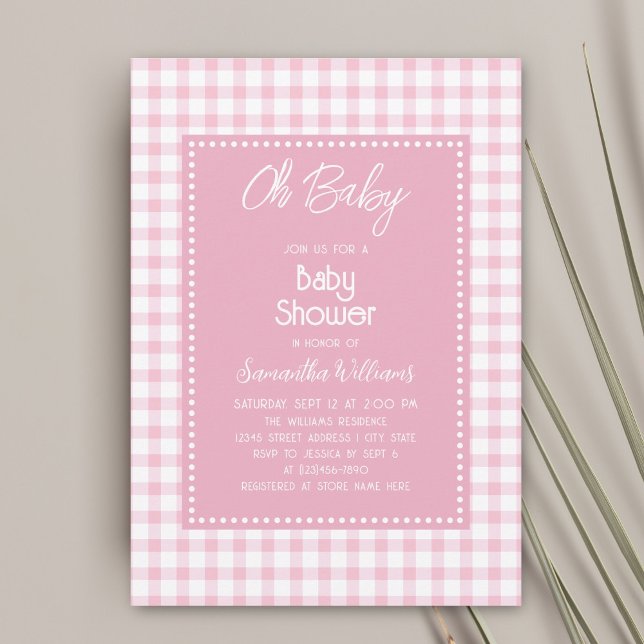 Invitation Oh Bébé Simple Rétro Rose En vichy Baby shower fil (Créateur téléchargé)