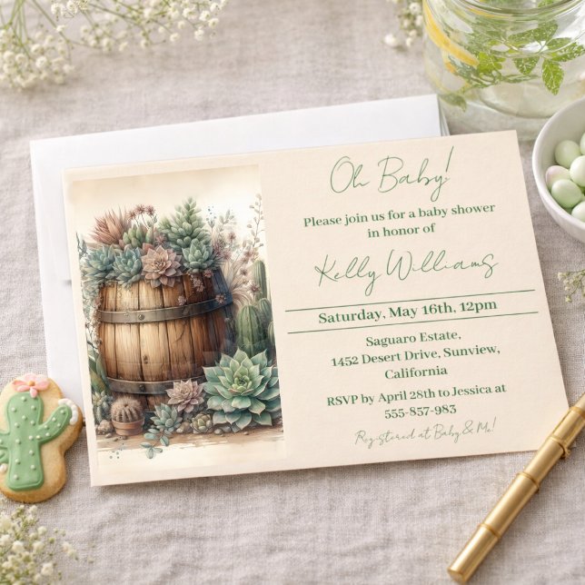 Invitation Oh Bébé ! Succulentes et Cactus Rustiques pour la  (Créateur téléchargé)