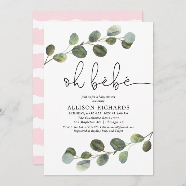 Invitation Oh bebe thème français rose noir blanc fille bébé (Devant / Derrière)