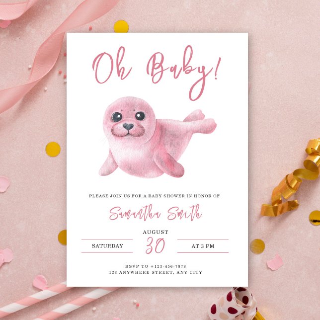 Invitation Oh Bébé! Tondu rose aquarelle Bébé Shower (Créateur téléchargé)