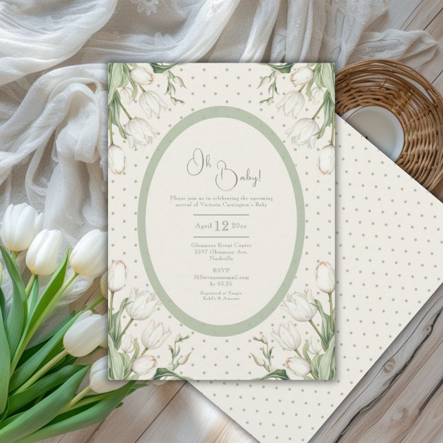 Invitation Oh Bébé Tulipes Blanches Baby Shower Vintage (Créateur téléchargé)